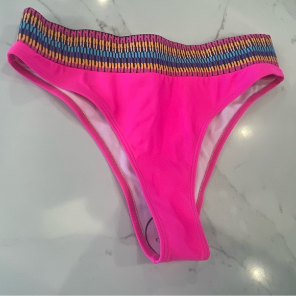 Shein Cheeky Vibrant Pink Bikini Bottoms with Multicolor Waistband - Picture 3 of 10